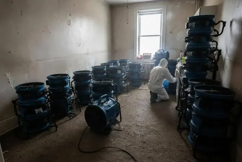Rows of air movers and a technician in a protective suit drying a room in an East Elmhurst home