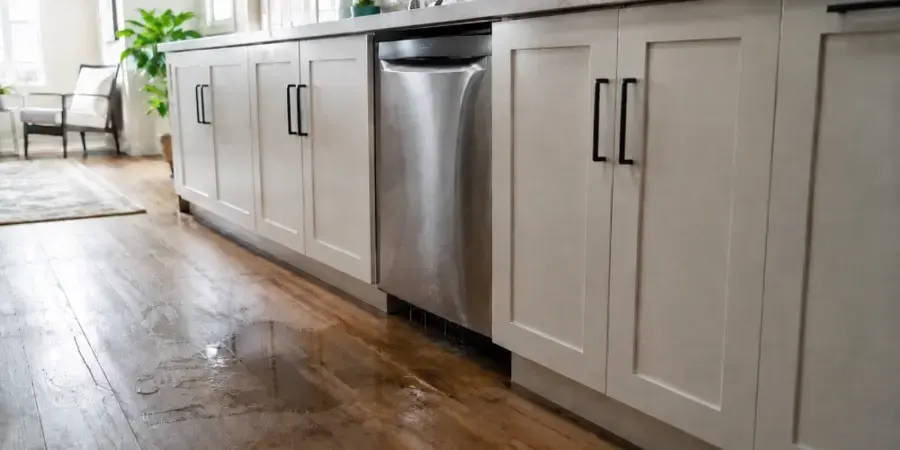 Water spreading across a wood kitchen floor from under the dishwasher and cabinets