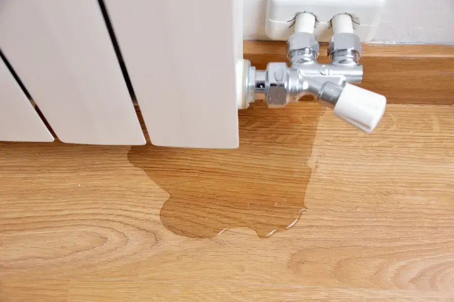 Water pooled on a wood floor under a leaking radiator valve