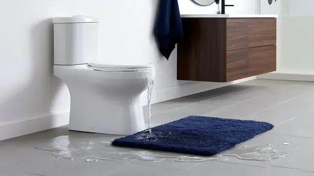 Water running from a toilet onto the bathroom floor and mat